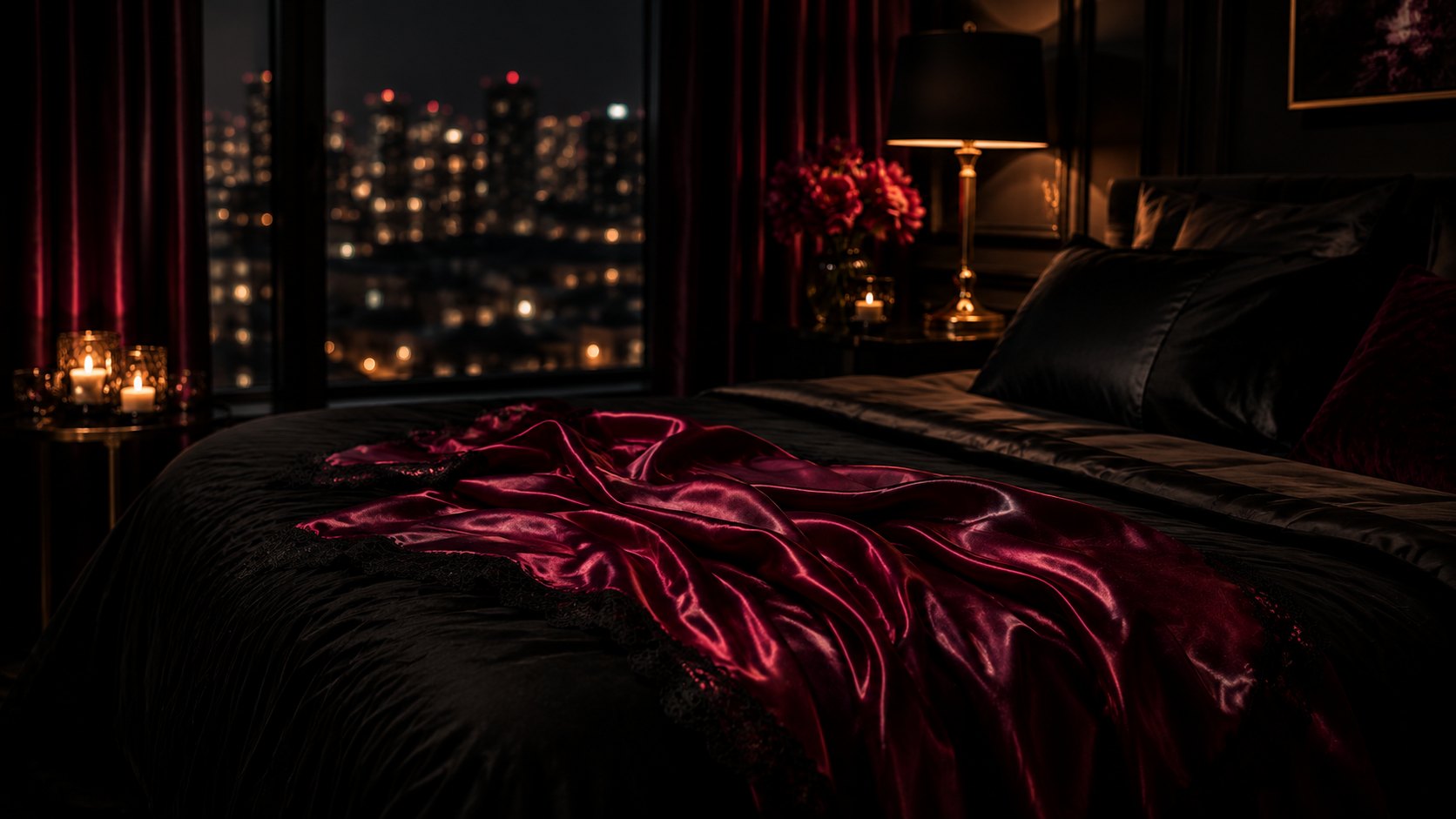 Habitación elegante de noche con tela magenta sobre cama y luz cálida