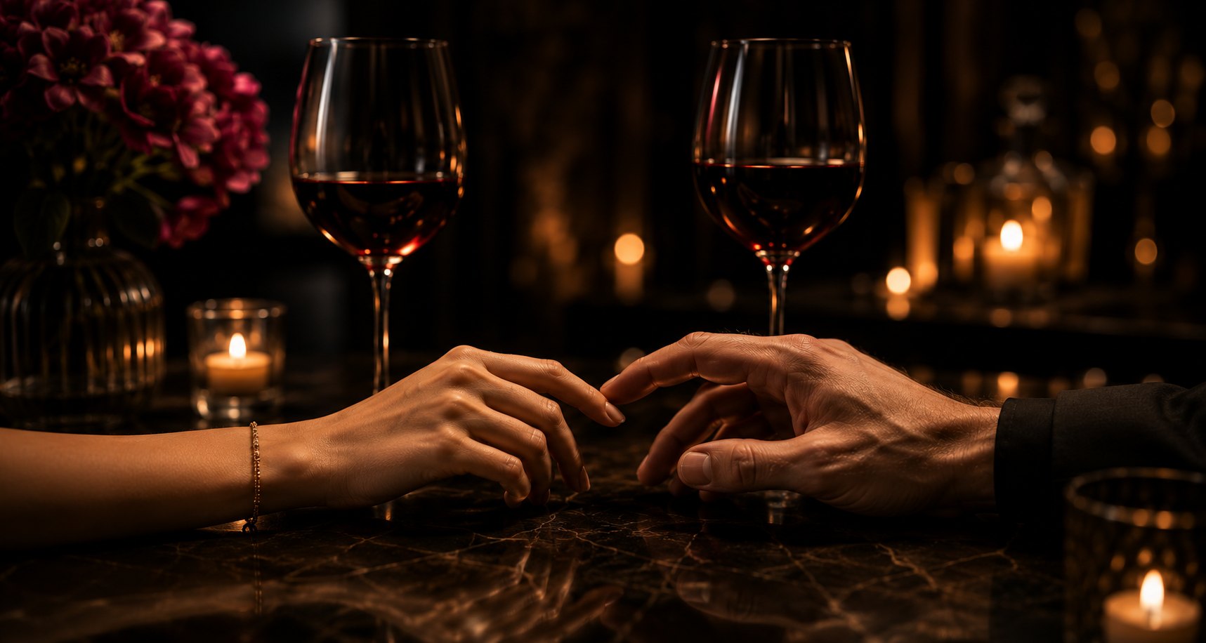 Dos manos acercándose junto a copas en un ambiente íntimo iluminado con velas