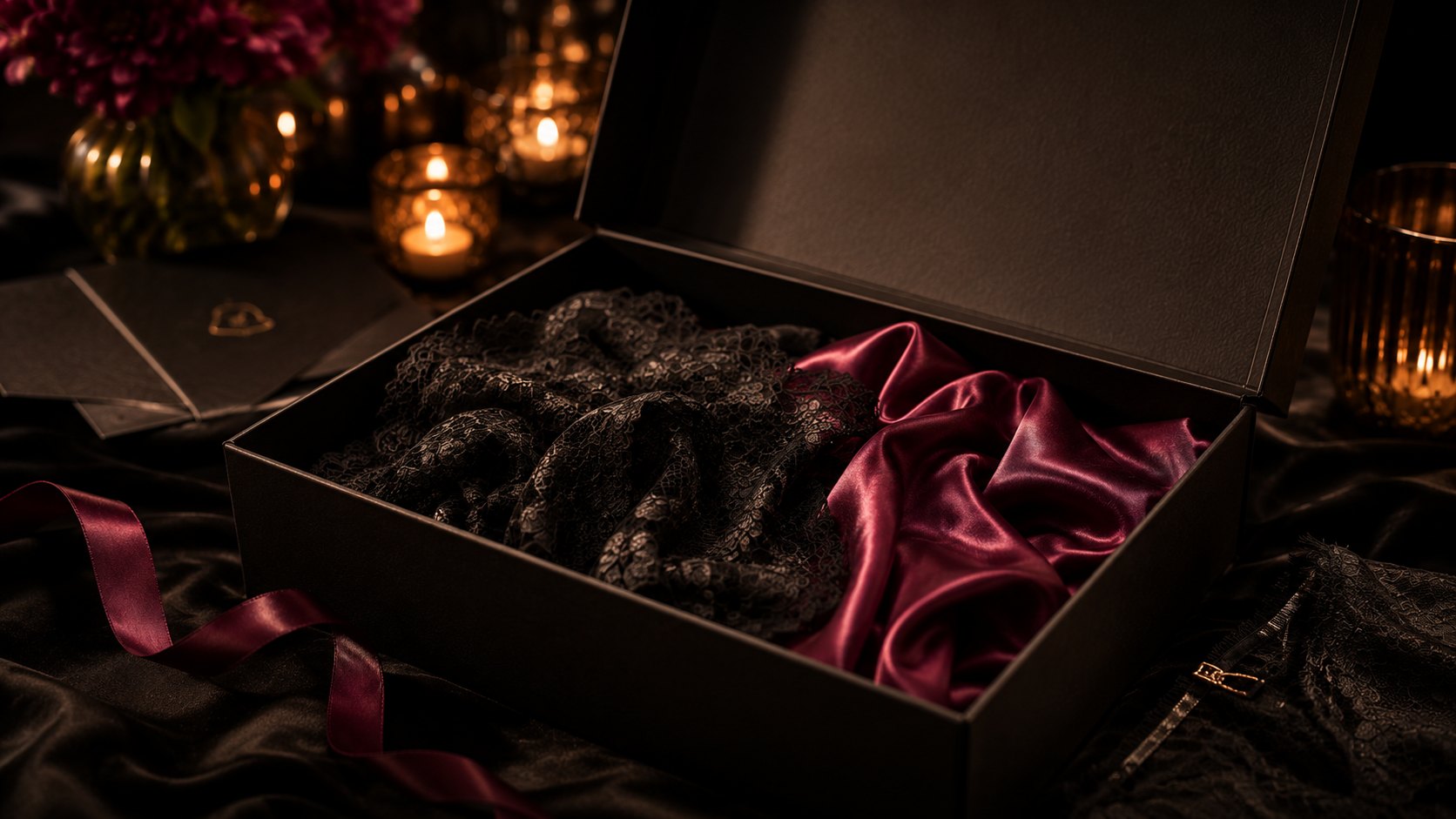 Caja premium con encaje negro, satín magenta y velas cálidas