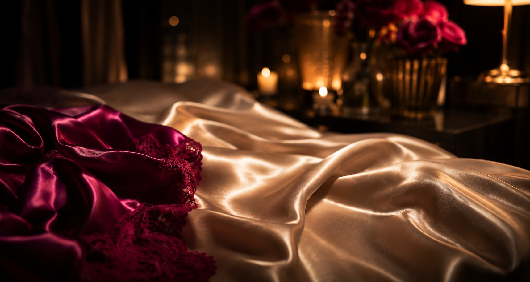 Sábanas satinadas con luz cálida y acento magenta en un ambiente íntimo y elegante